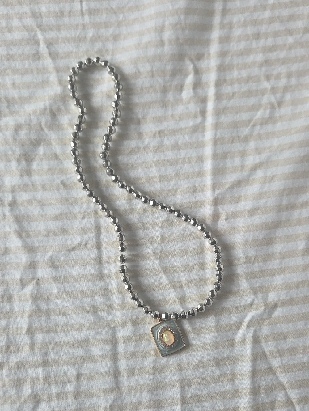 Handmade Silver Bead Necklace with Opal Pendant